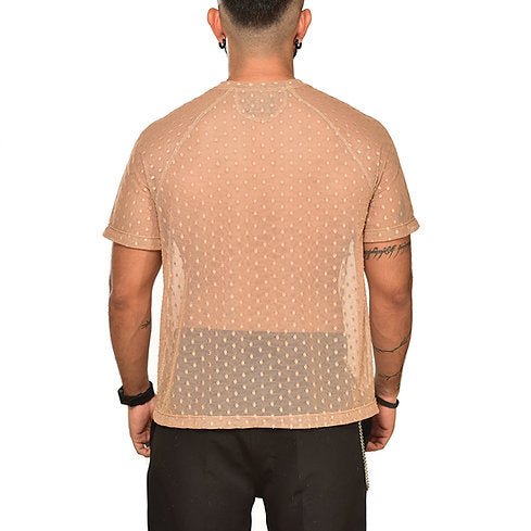 Beige polka transparency ranglan sleeve t-shirt