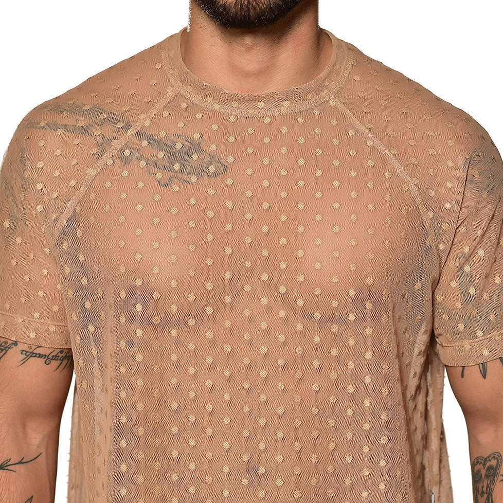 Beige polka transparency ranglan sleeve t-shirt