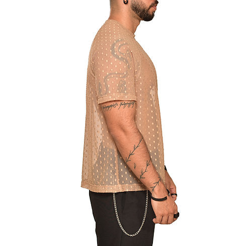 Beige polka transparency ranglan sleeve t-shirt