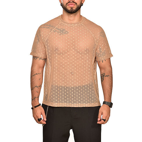 Beige polka transparency ranglan sleeve t-shirt