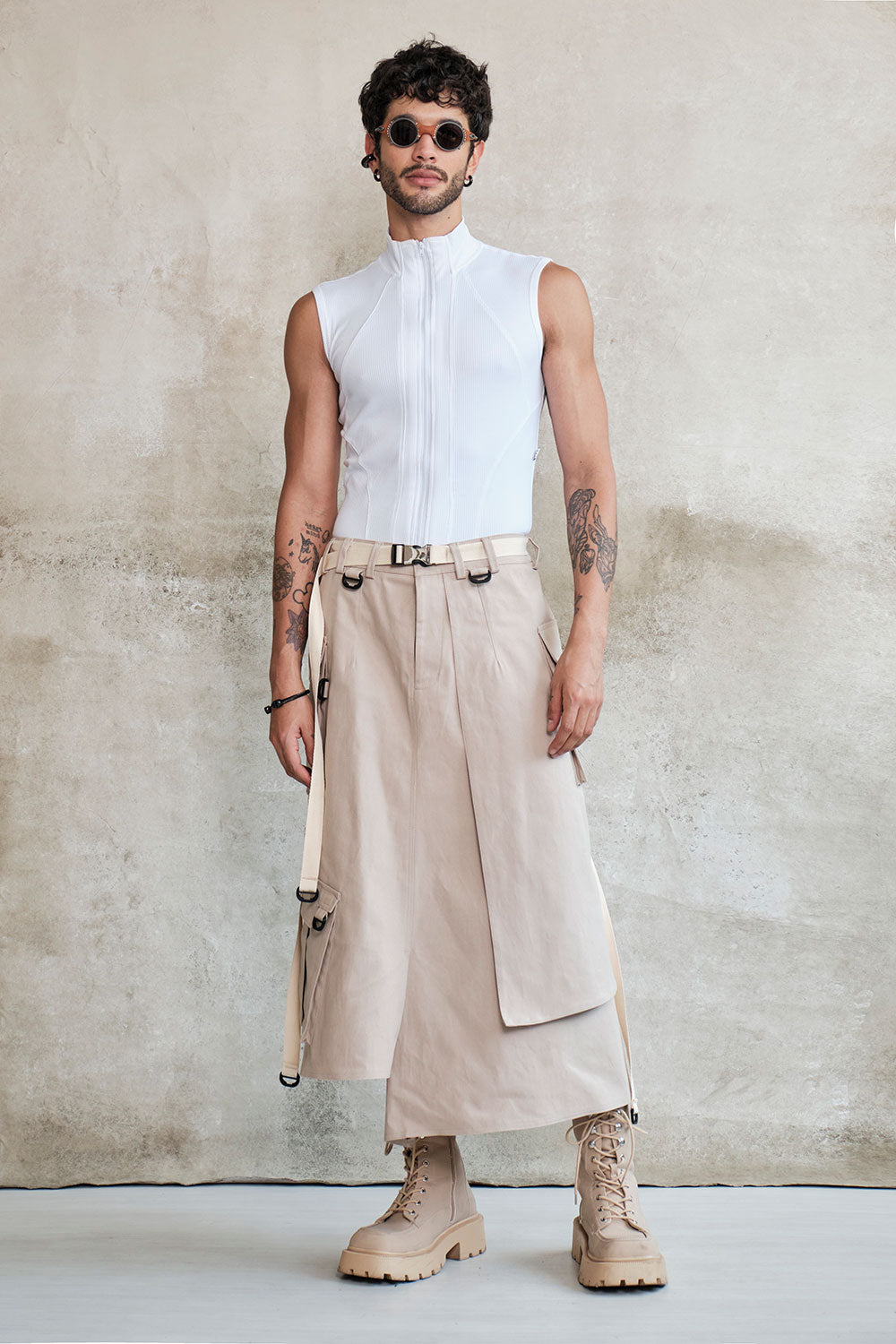 Beige techwear cargo skirt