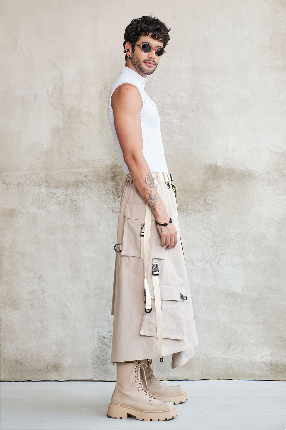 Beige techwear cargo skirt